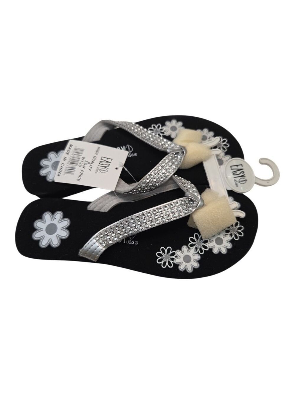 EASY usa Black Rhinestone Floral Flip Flops